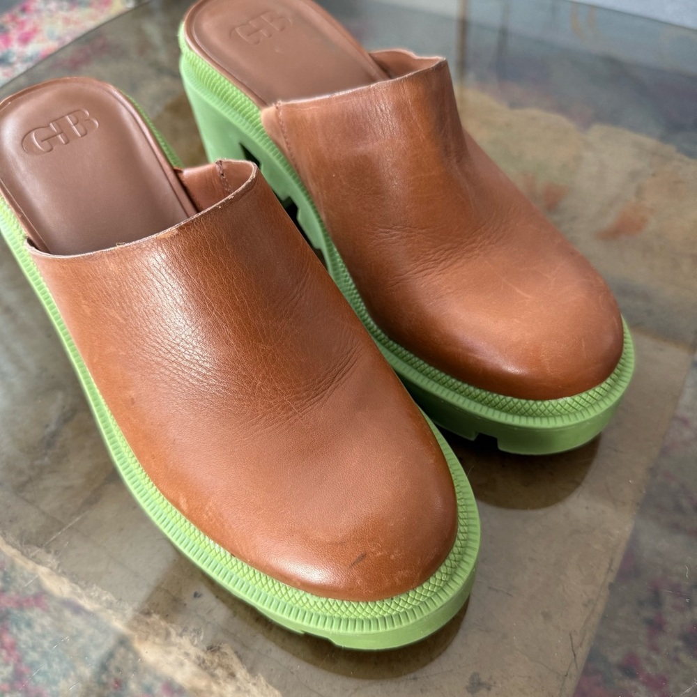 GB End Game Brown Leather Chunky Heel Clogs 7.5 - Picture 3 of 8